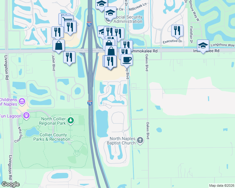 map of restaurants, bars, coffee shops, grocery stores, and more near Malibu Lake Circle in Naples