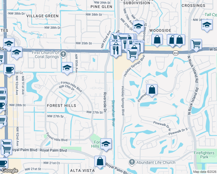 map of restaurants, bars, coffee shops, grocery stores, and more near 3069 Riverside Drive in Coral Springs