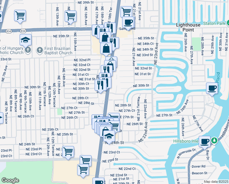 map of restaurants, bars, coffee shops, grocery stores, and more near 2960 Northeast 19th Terrace in Lighthouse Point