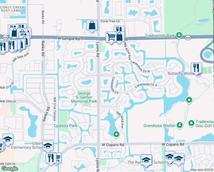 map of restaurants, bars, coffee shops, grocery stores, and more near 3415 Carambola Circle South in Coconut Creek