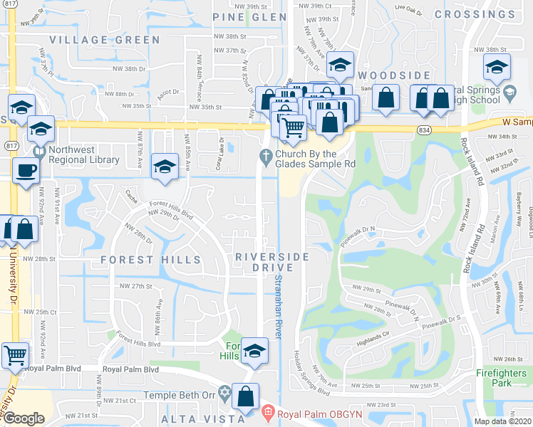 map of restaurants, bars, coffee shops, grocery stores, and more near 3069 Riverside Drive in Coral Springs