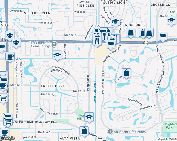 map of restaurants, bars, coffee shops, grocery stores, and more near 3069 Riverside Drive in Coral Springs