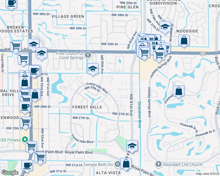 map of restaurants, bars, coffee shops, grocery stores, and more near 8411 Forest Hills Drive in Coral Springs