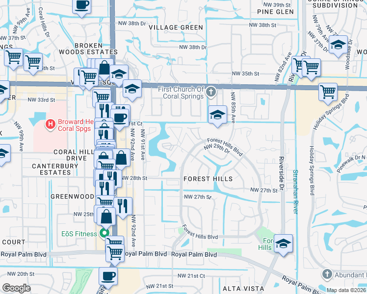 map of restaurants, bars, coffee shops, grocery stores, and more near 2988 Northwest 89th Terrace in Coral Springs