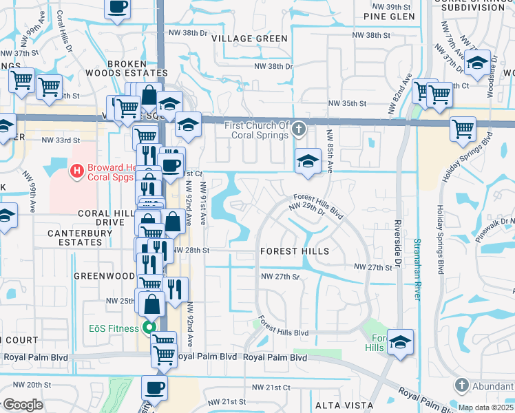 map of restaurants, bars, coffee shops, grocery stores, and more near 2988 Northwest 89th Terrace in Coral Springs