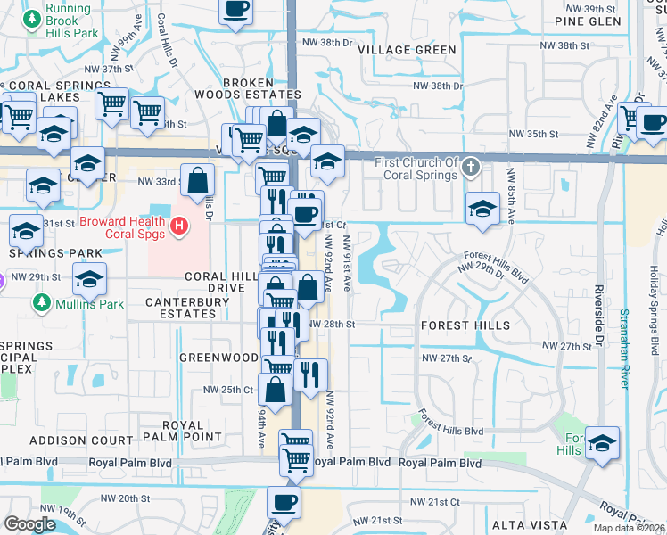 map of restaurants, bars, coffee shops, grocery stores, and more near 3055 Northwest 92nd Avenue in Coral Springs