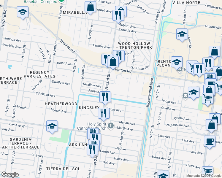 map of restaurants, bars, coffee shops, grocery stores, and more near 7100 North 23rd Street in McAllen