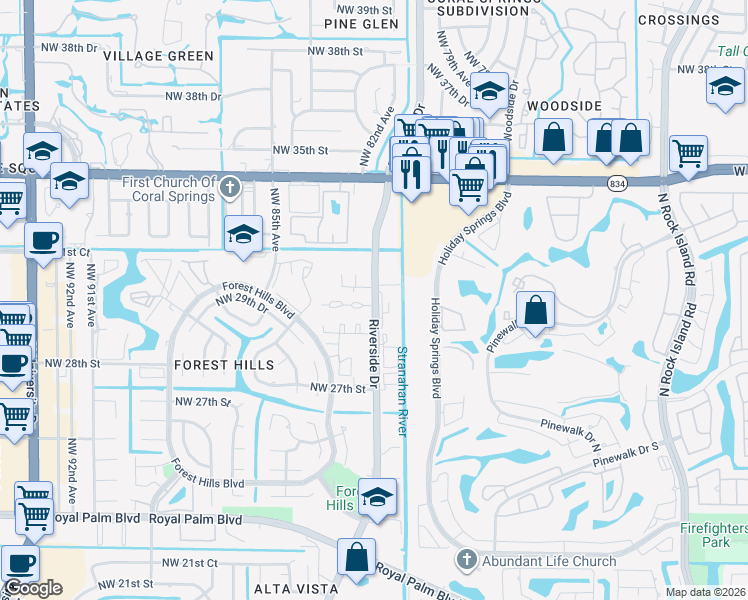 map of restaurants, bars, coffee shops, grocery stores, and more near 3069 Riverside Drive in Coral Springs