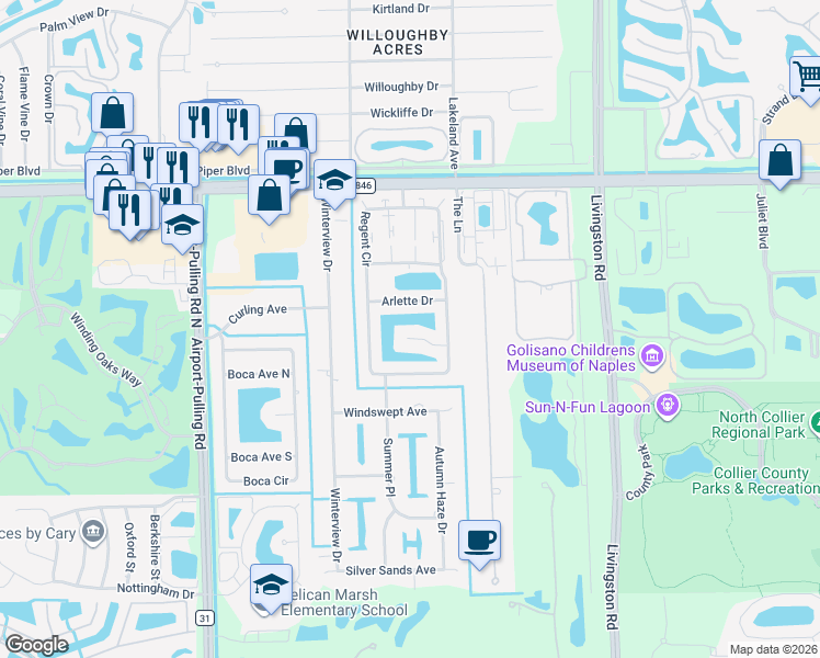 map of restaurants, bars, coffee shops, grocery stores, and more near 3332 Arlette Drive in Naples