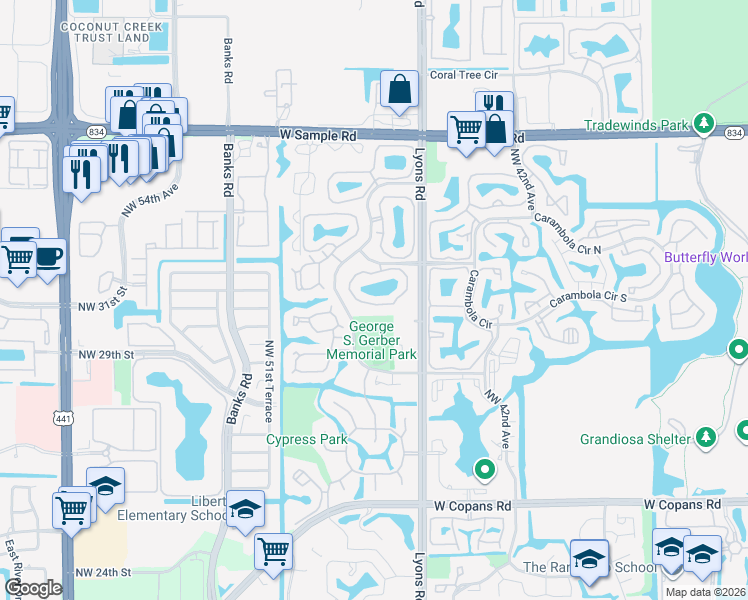 map of restaurants, bars, coffee shops, grocery stores, and more near 3406 Northwest 47th Avenue in Coconut Creek