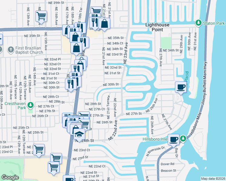 map of restaurants, bars, coffee shops, grocery stores, and more near 2141 Northeast 29th Street in Lighthouse Point
