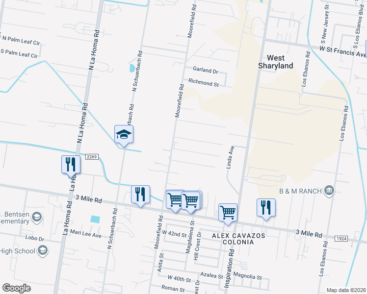 map of restaurants, bars, coffee shops, grocery stores, and more near 3 Moorefield Road in Mission