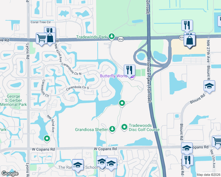 map of restaurants, bars, coffee shops, grocery stores, and more near 2741 Carambola Circle South in Coconut Creek