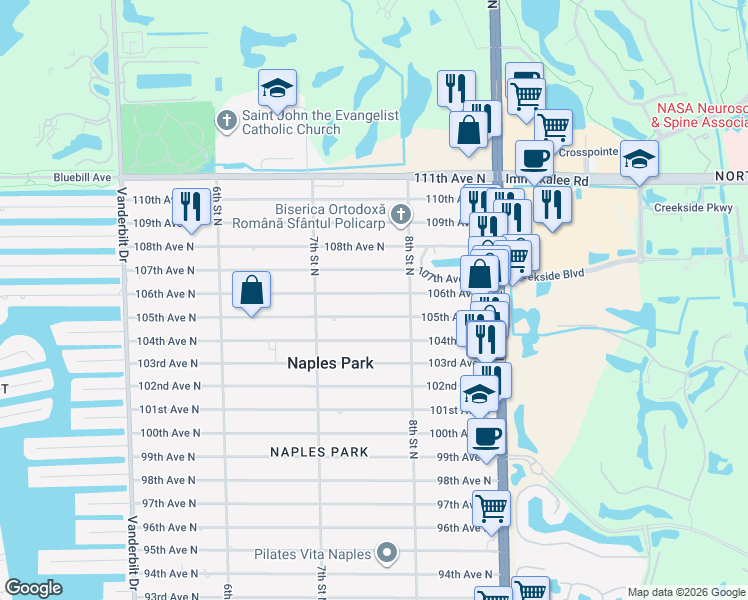 map of restaurants, bars, coffee shops, grocery stores, and more near 763 106th Avenue North in Naples