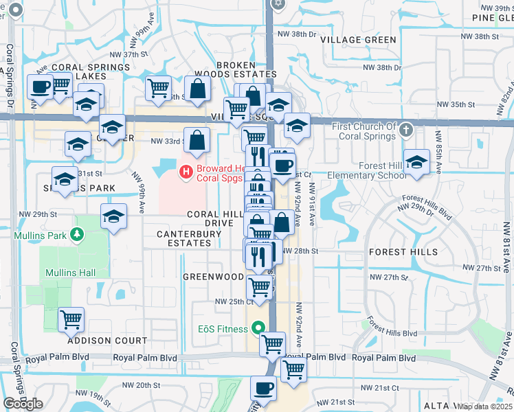 map of restaurants, bars, coffee shops, grocery stores, and more near 3055 Northwest 94th Avenue in Coral Springs