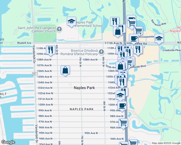 map of restaurants, bars, coffee shops, grocery stores, and more near 740 106th Avenue North in Naples