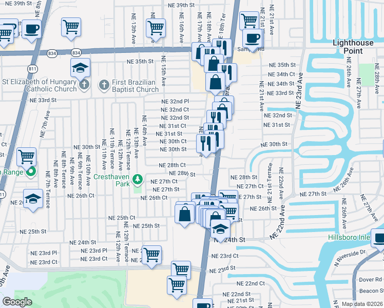 map of restaurants, bars, coffee shops, grocery stores, and more near 1686 Northeast 30th Street in Pompano Beach