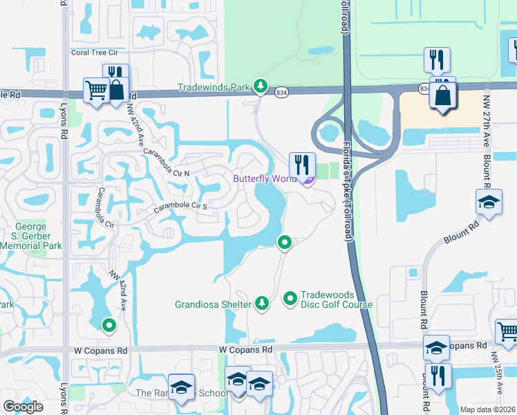 map of restaurants, bars, coffee shops, grocery stores, and more near 2741 Carambola Circle South in Coconut Creek