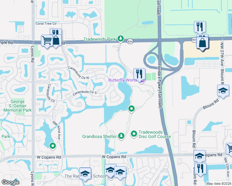map of restaurants, bars, coffee shops, grocery stores, and more near 2741 Carambola Circle South in Coconut Creek