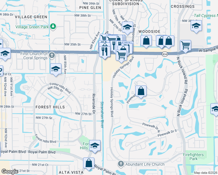 map of restaurants, bars, coffee shops, grocery stores, and more near 3271 Riverside Drive in Coral Springs