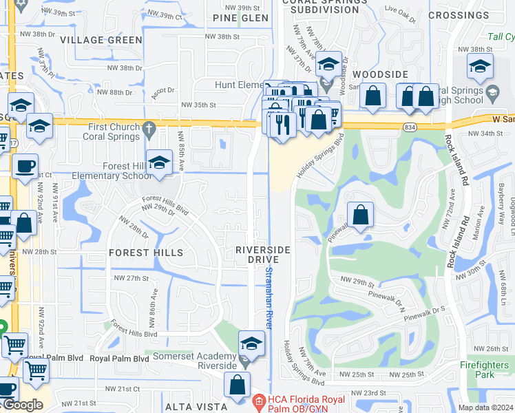 map of restaurants, bars, coffee shops, grocery stores, and more near 3069 Riverside Drive in Coral Springs