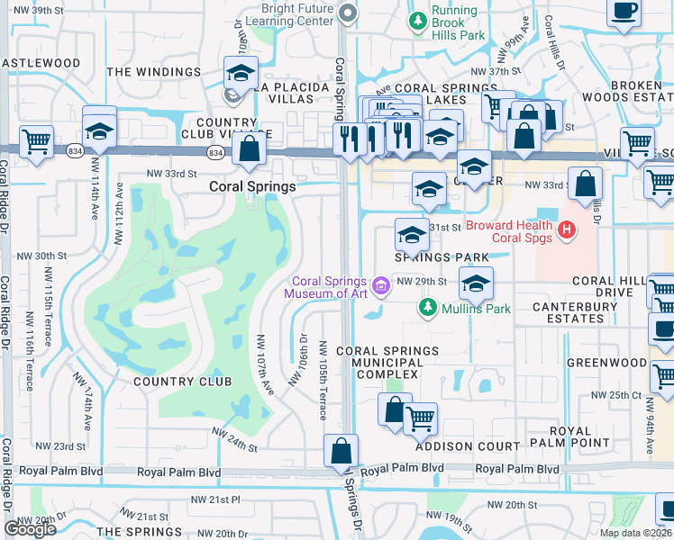 map of restaurants, bars, coffee shops, grocery stores, and more near 3200 Coral Springs Drive in Coral Springs