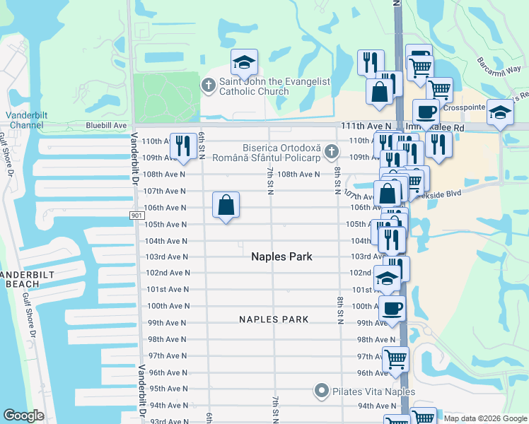 map of restaurants, bars, coffee shops, grocery stores, and more near 691 106th Avenue North in Naples