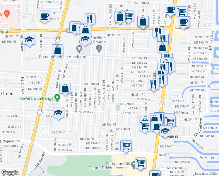 map of restaurants, bars, coffee shops, grocery stores, and more near 2948 Northeast 12th Avenue in Pompano Beach