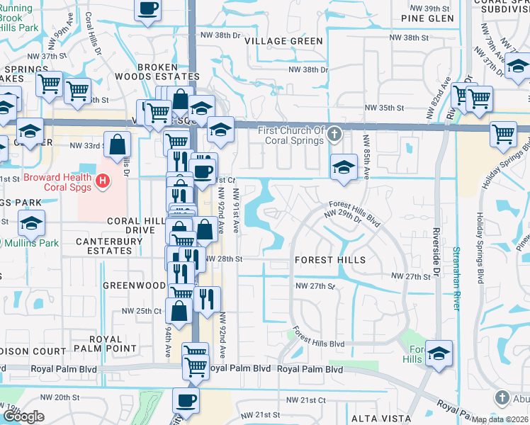 map of restaurants, bars, coffee shops, grocery stores, and more near 9044 Northwest 28th Drive in Coral Springs