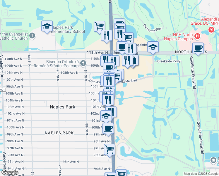 map of restaurants, bars, coffee shops, grocery stores, and more near 871 106th Avenue North in Naples