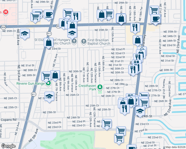 map of restaurants, bars, coffee shops, grocery stores, and more near 2980 Northeast 12th Terrace in Pompano Beach