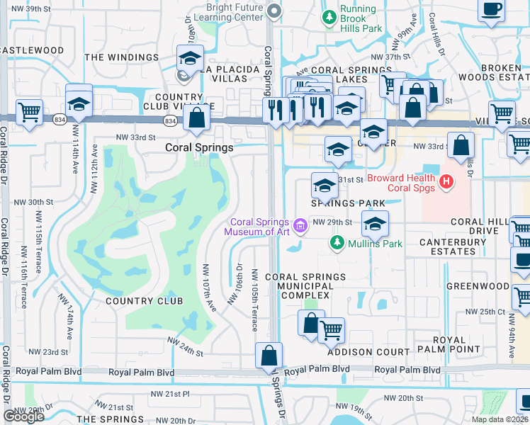 map of restaurants, bars, coffee shops, grocery stores, and more near 3200 Coral Springs Drive in Coral Springs