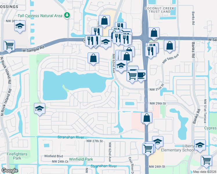 map of restaurants, bars, coffee shops, grocery stores, and more near 3141 Sunset Circle in Margate