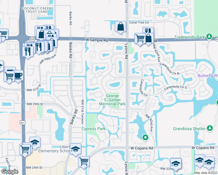 map of restaurants, bars, coffee shops, grocery stores, and more near 3406 Northwest 47th Avenue in Coconut Creek