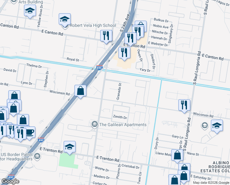 map of restaurants, bars, coffee shops, grocery stores, and more near 3318 Granada Street in Edinburg