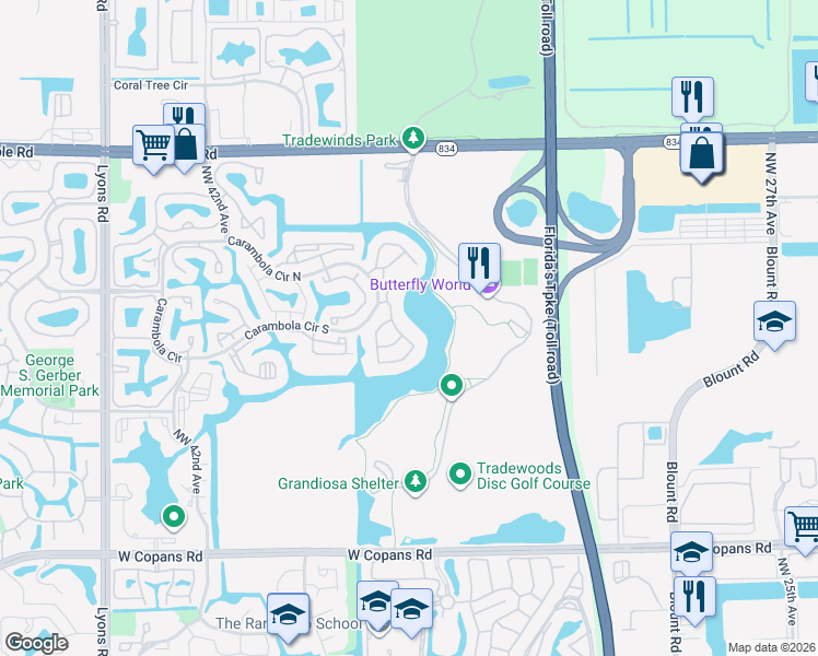 map of restaurants, bars, coffee shops, grocery stores, and more near 2741 Carambola Circle South in Coconut Creek