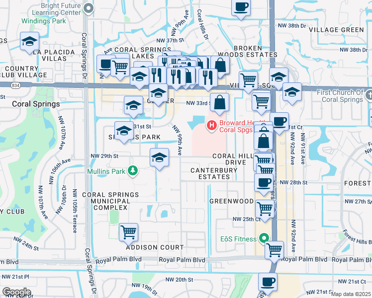 map of restaurants, bars, coffee shops, grocery stores, and more near 2975 Northwest 99th Avenue in Coral Springs