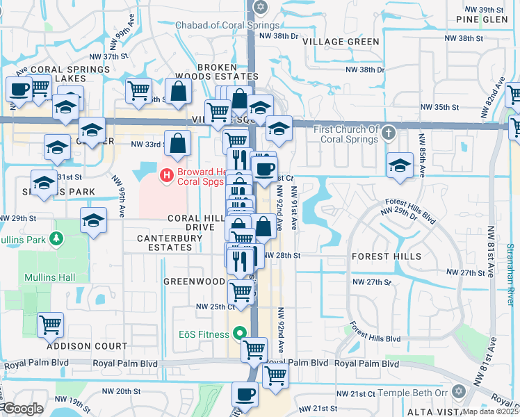 map of restaurants, bars, coffee shops, grocery stores, and more near 3003 North University Drive in Coral Springs