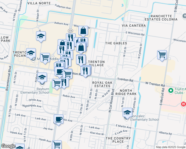 map of restaurants, bars, coffee shops, grocery stores, and more near 429 Umar Avenue in McAllen