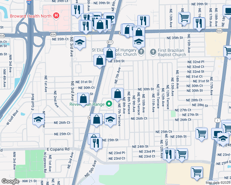 map of restaurants, bars, coffee shops, grocery stores, and more near 2950 Northeast 7th Avenue in Pompano Beach