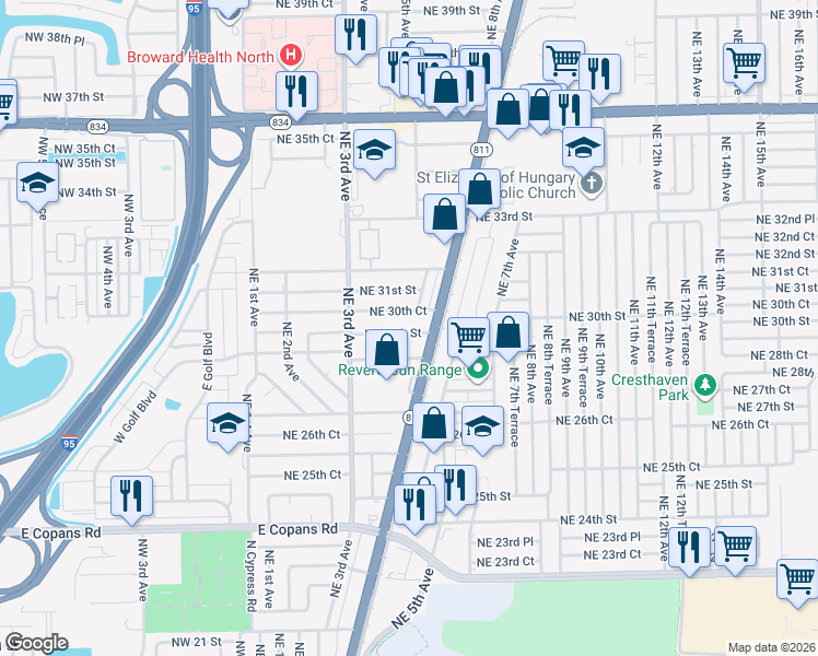 map of restaurants, bars, coffee shops, grocery stores, and more near 500 Northeast 30th Court in Pompano Beach