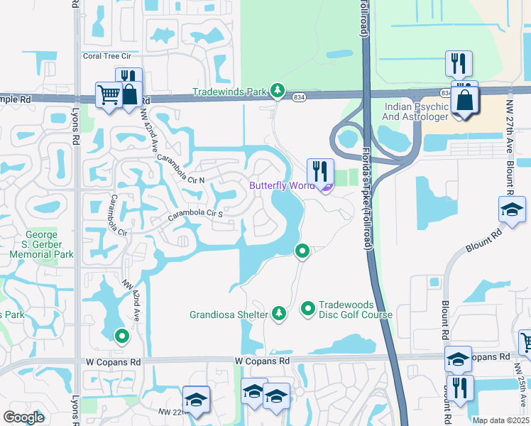 map of restaurants, bars, coffee shops, grocery stores, and more near 2741 Carambola Circle South in Coconut Creek