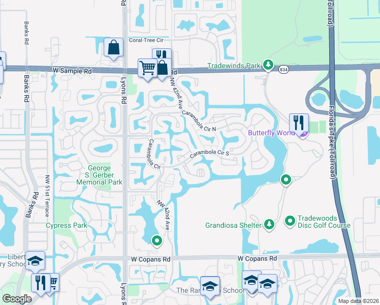 map of restaurants, bars, coffee shops, grocery stores, and more near 4461 Carambola Circle South in Coconut Creek