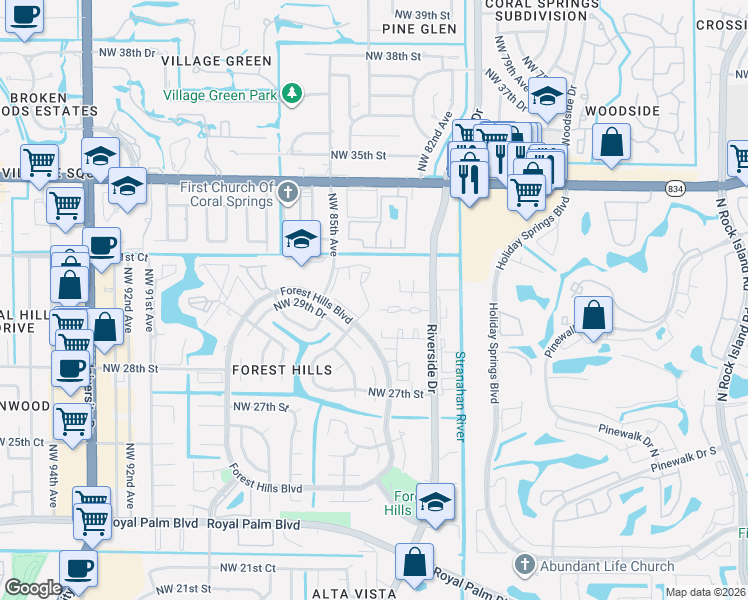 map of restaurants, bars, coffee shops, grocery stores, and more near 8411 Forest Hills Drive in Coral Springs