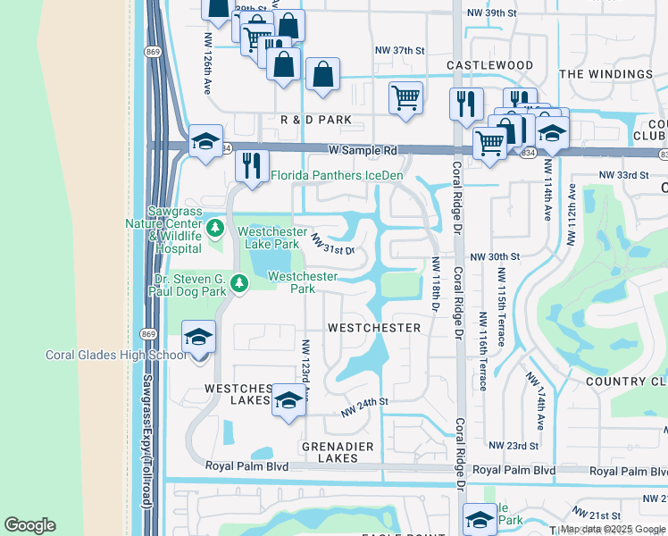 map of restaurants, bars, coffee shops, grocery stores, and more near 12209 Northwest 30th Street in Coral Springs