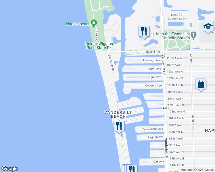 map of restaurants, bars, coffee shops, grocery stores, and more near 10633 Gulf Shore Drive in Naples