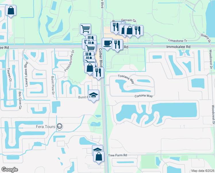 map of restaurants, bars, coffee shops, grocery stores, and more near 15069 Toscana Way in Naples