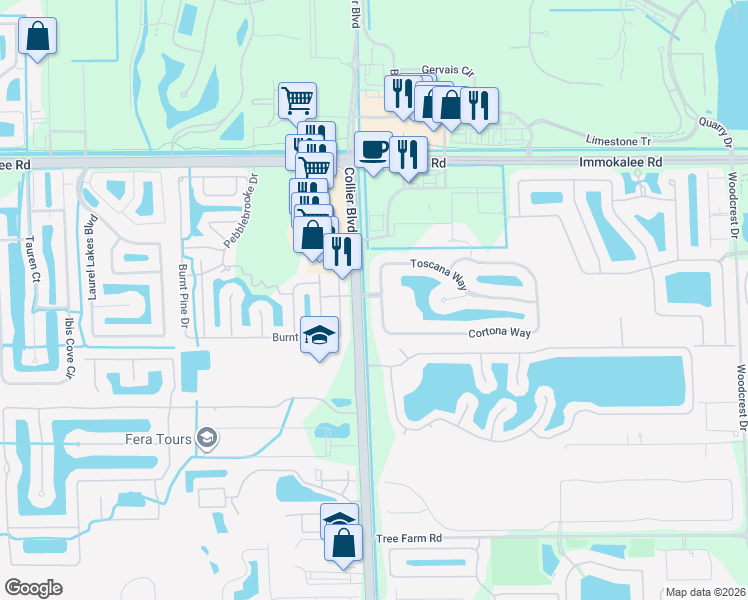 map of restaurants, bars, coffee shops, grocery stores, and more near 15069 Toscana Way in Naples