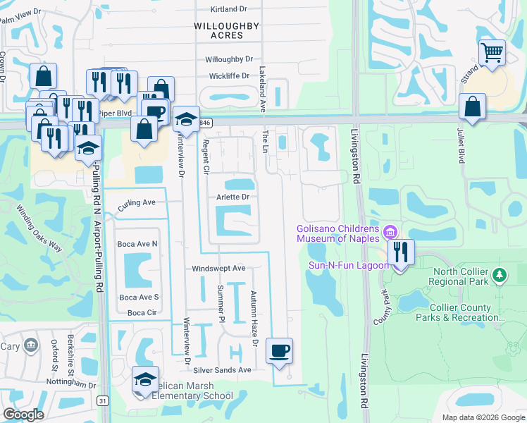 map of restaurants, bars, coffee shops, grocery stores, and more near 10310 Regent Circle in Naples