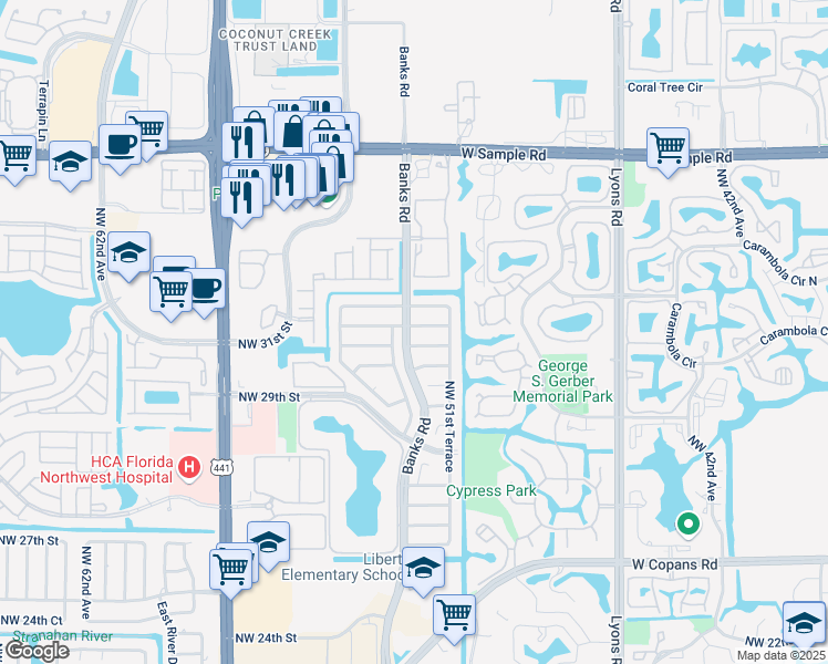map of restaurants, bars, coffee shops, grocery stores, and more near 5187 Northwest 32nd Street in Margate